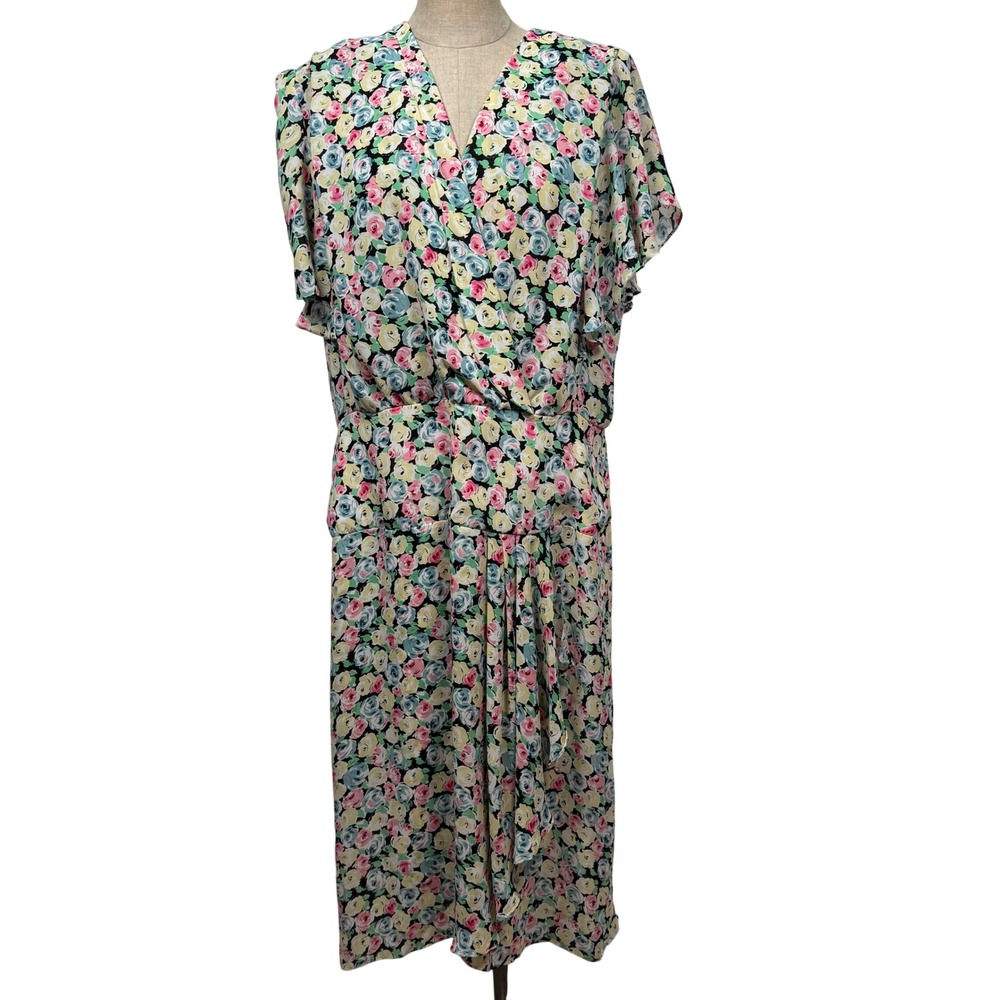 80s‎ Floral Rose Midi Dress Size 20 V-Neck Flutter Cottage Romantic Retro Spring
